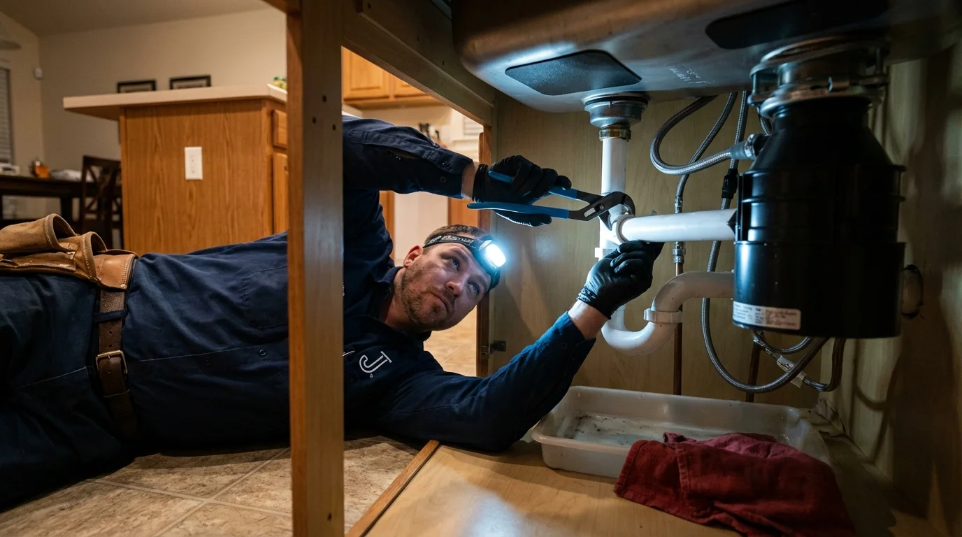 P-trap and supply line connections under a kitchen sink showing a common leak point in Richlands, VA